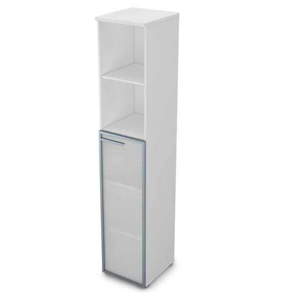 9ПЛ.005.15 Пенал высокий со стеклом и открытой полкой (400x450x2045), левый (Белый премиум)