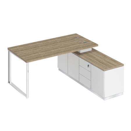 Стол руководителя на опорной тумбе левый Bravo БР 101 1800x1800x750 (Дуб гладстоун светлый / Белый премиум / Белый премиум)