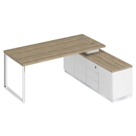 Стол руководителя на опорной тумбе левый Bravo БР 102 2000x1800x750 (Дуб гладстоун светлый / Белый премиум / Белый премиум)