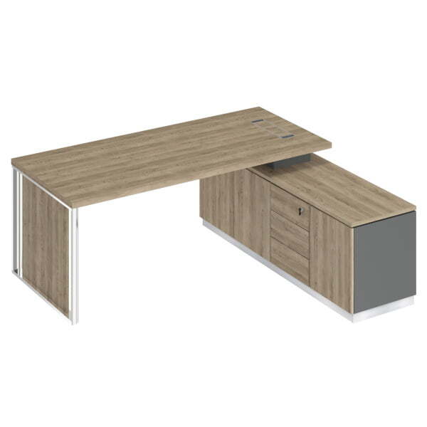 Стол руководителя на опорной тумбе с декоративной вставкой Bravo БР 108 2000x1800x750 (Дуб гладстоун светлый / Антрацит премиум / Дуб гладстоун светлыйСерый)