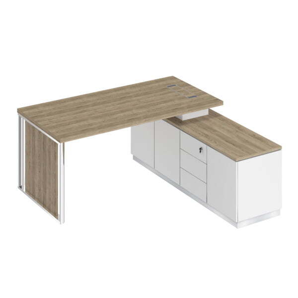 Стол на опорной тумбе с декоративной вставкой Bravo БР 107 1800x1800x755 (Дуб гладстоун светлый / Белый премиум / Дуб гладстоун светлыйСерый)