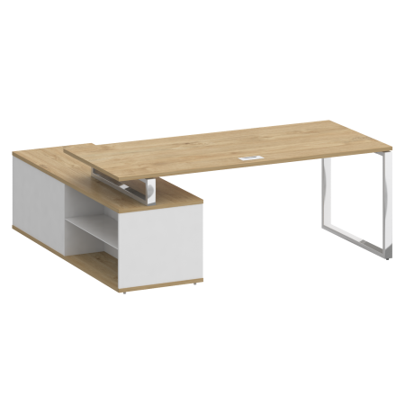 Стол руководителя с опорной греденцией, правый Shift SK.SRG-200 (R) (2000x1800x753) (Тиквуд Светлый-Белый Бриллиант | Хром)