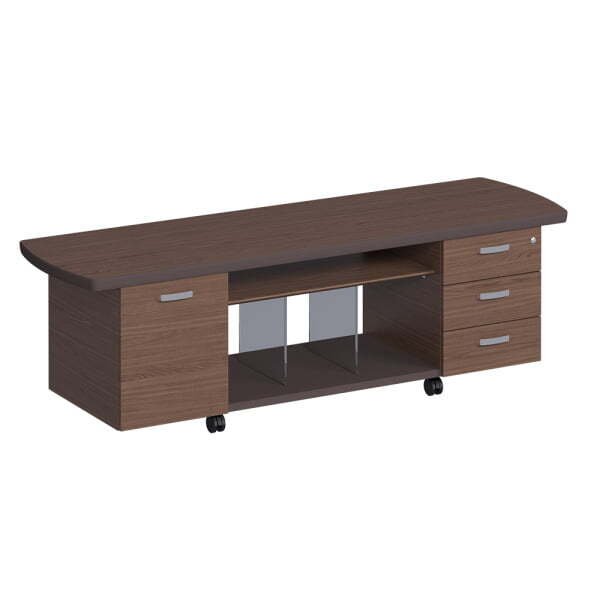 Греденция на колесах 3-ящика + 1 дверь, полка стекло, топ дерево ISixty REX1P 2000x600x620 (Кожа коричневая)